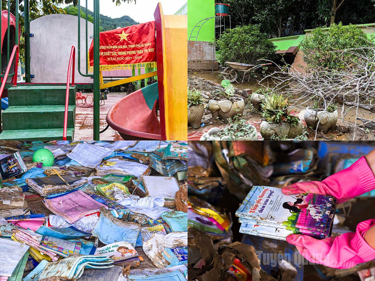 On the other side of the Lô River, Hoa Mai Kindergarten also suffered severe damage. In just one night, the entire first floor was submerged. Walls collapsed, and all electronic equipment, documents, lesson plans, and outdoor play areas were buried in mud. Classrooms that had just been decorated, and the teaching materials carefully crafted by teachers for their students, were swept away before they could even be fully used.