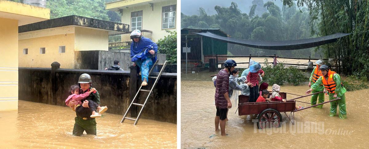Công an và các lực lượng xã Cán Tỷ hỗ trợ người dân và các em học sinh tại các trường mầm non, tiểu học của 4 thôn Đầu Cầu 1, Đầu cầu 2, Xín Suối Hồ và Giàng Chủ Phìn di chuyển đến nơi an toàn. Ảnh: Như Quỳnh