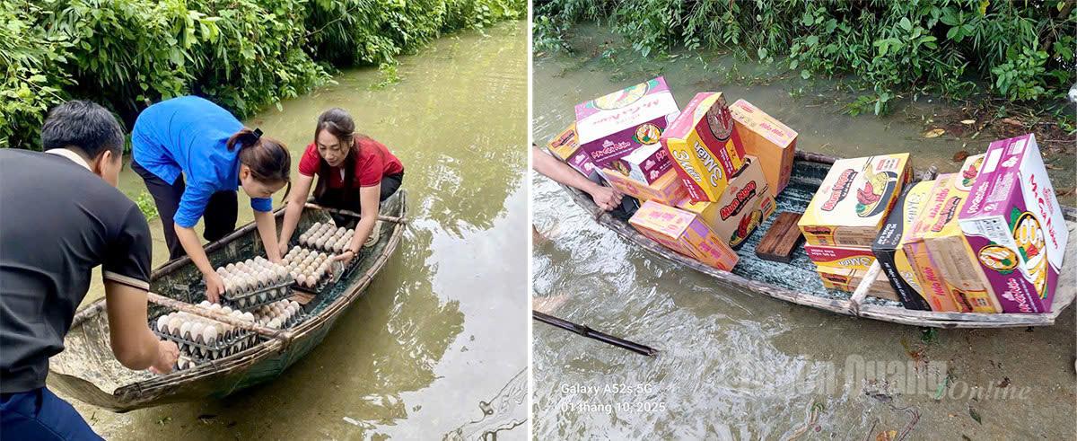 Chính quyền xã Nhữ Khê vận chuyển lương thực tới các gia đình bị cô lập trong nước lũ. Ảnh: Thuý Nga