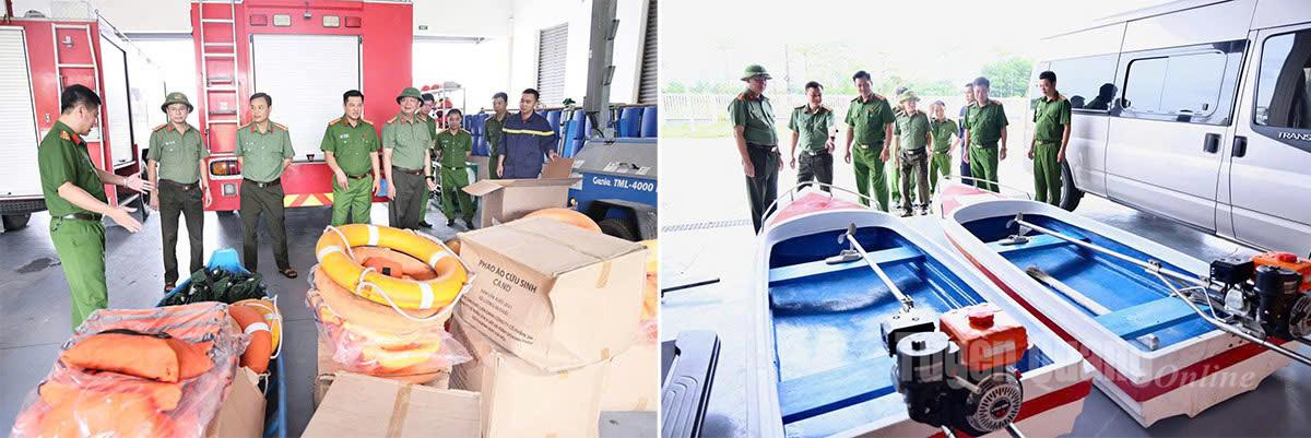 Sáng 1-10, lãnh đạo Công an tỉnh kiểm tra công tác sẵn sàng cứu trợ, cứu nạn người và tài sản trong vùng bị thiên tai. Ảnh: Thùy Lê