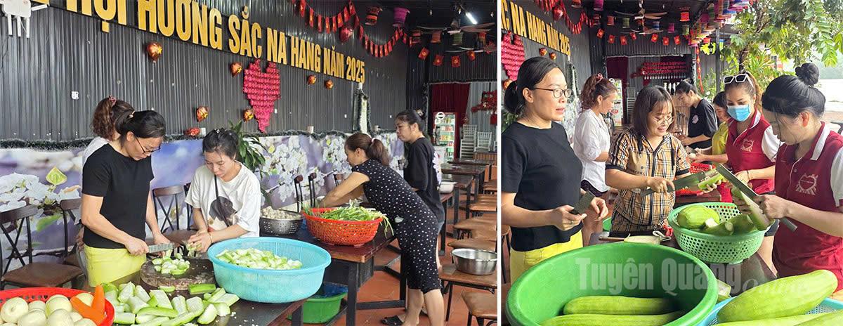 Câu lạc bộ thiện nguyện Na Hang tổ chức nấu cơm hỗ trợ các gia đình trên địa bàn xã Nà Hang bị ảnh hưởng lụt bão. Ảnh: Lý Thu