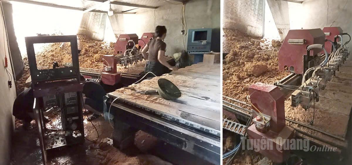 Cơ sở trần gỗ Huỳnh Lan, thôn Cả, xã Thái Bình bị sạt lở đất phía sau nhà gây vùi lấp nhà xưởng, hư hỏng máy móc, thiệt hại ước tính khoảng hơn 100 triệu đồng. Ảnh: Thuý Nga