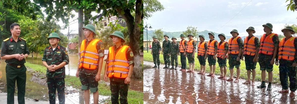 Chiều 1-10, Đại tá Nguyễn Hoài Nam, Chính ủy Bộ CHQS tỉnh kiểm tra, động viên cán bộ lực lượng vũ trang tỉnh đang tham gia giúp nhân dân tại các khu vực xảy ra ngập lụt trên địa bàn tỉnh. Ảnh: Thùy Lê