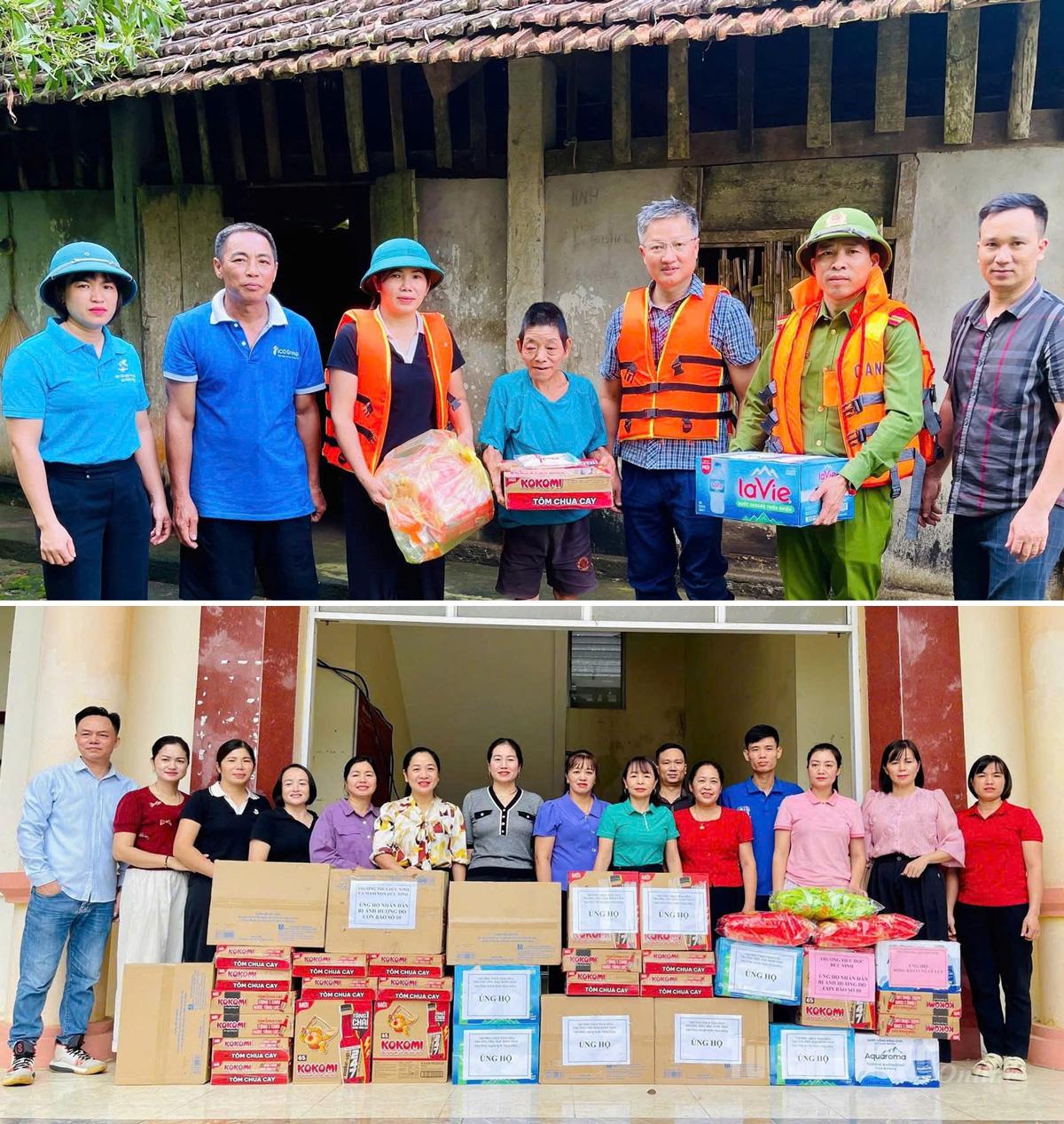 Chính quyền xã Thái Hòa và các nhà tài trợ hỗ trợ người dân ảnh hưởng do mưa bão. Ảnh: Trang Tâm