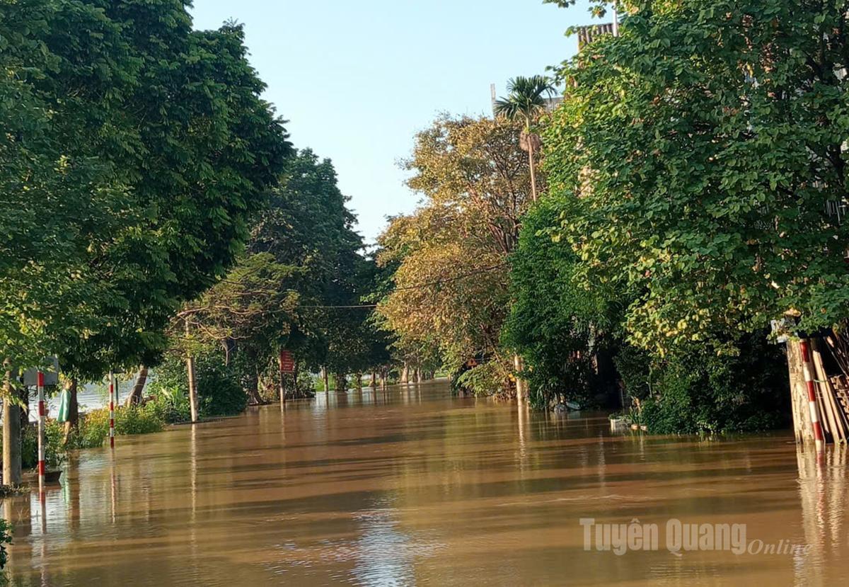 Tuyến đường Nguyễn Văn Cừ, phường Minh Xuân ngập sâu trong nước. Ảnh Hoàng Ngọc.