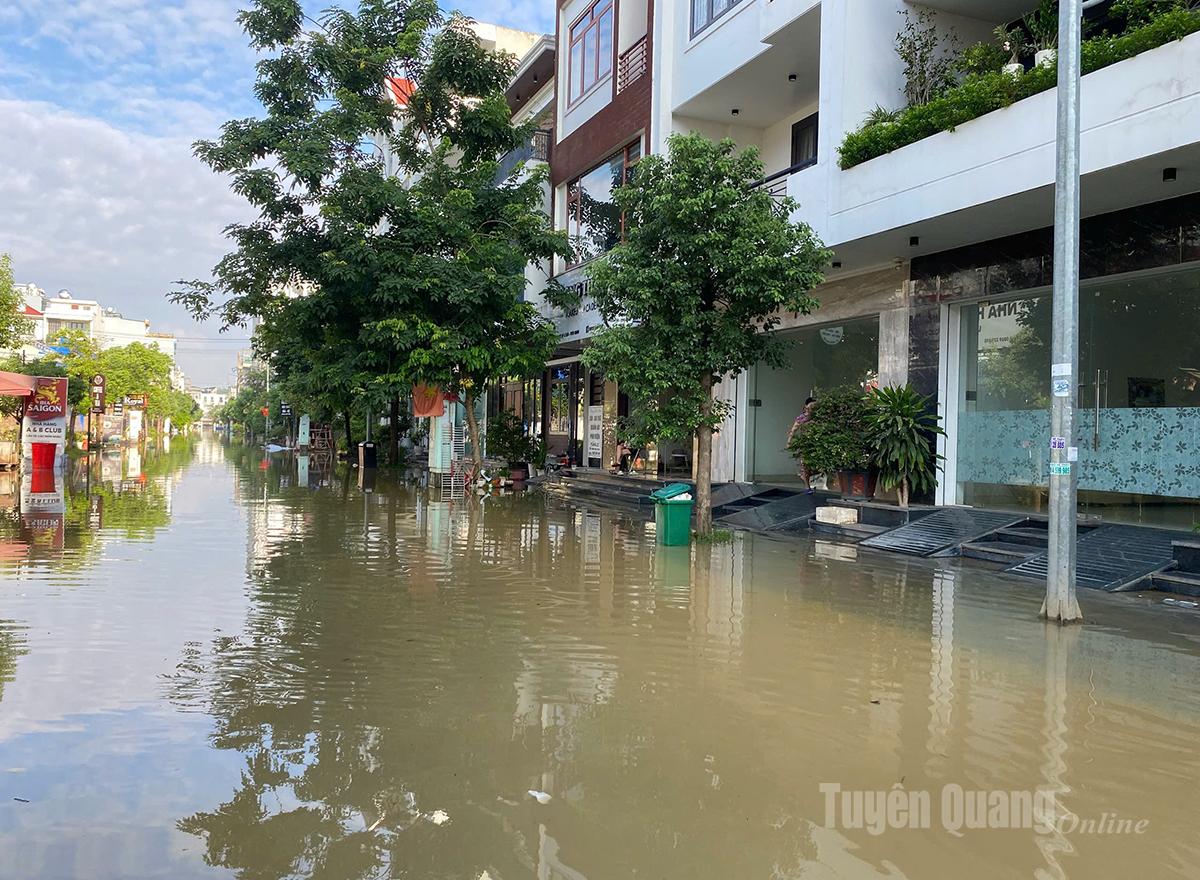 7h45. Toàn bộ tuyến đường Trần Thái Tông (khu dân cư Việt Mỹ), Tổ dân phố Tân Quang 11, phường Minh Xuân nước đã ngập vào đến sát cửa nhà dân. Ảnh Thu Hương