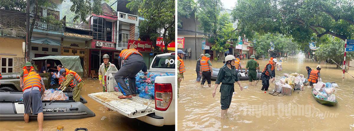 Các lực lượng chức năng và người dân tích cực cíu trợ, cấp phát lương thực cho người dân tại đường 20-8, chân dốc Mã Tim, phường Hà Giang 1. Ảnh: Mộc Lan