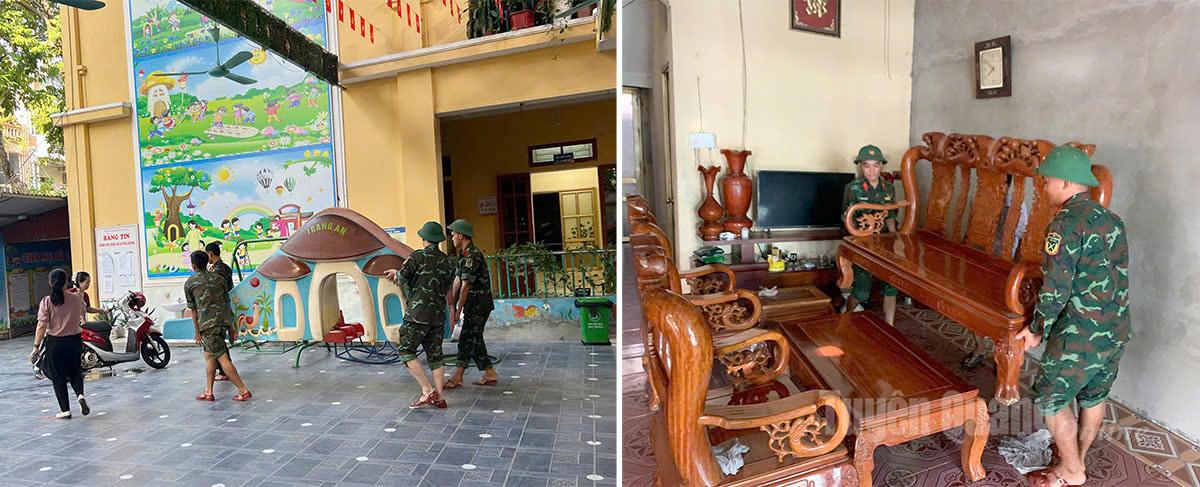 Cán bộ, chiến sỹ Trung đoàn 247, Bộ CHQS tỉnh Tuyên Quang hỗ trợ nhà dân và trường Mầm non Hoa Sen vận chuyển đồ đạc. Ảnh: Thu Hằng