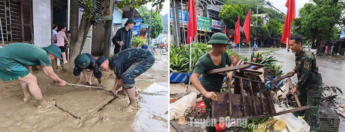 Cán bộ, chiến sĩ Trung đoàn bộ binh 877 giúp nhân dân phường Hà Giang 1, Hà Giang 2 thu gom bùn, đất, rác sau lũ. Ảnh: Thủy Lê
