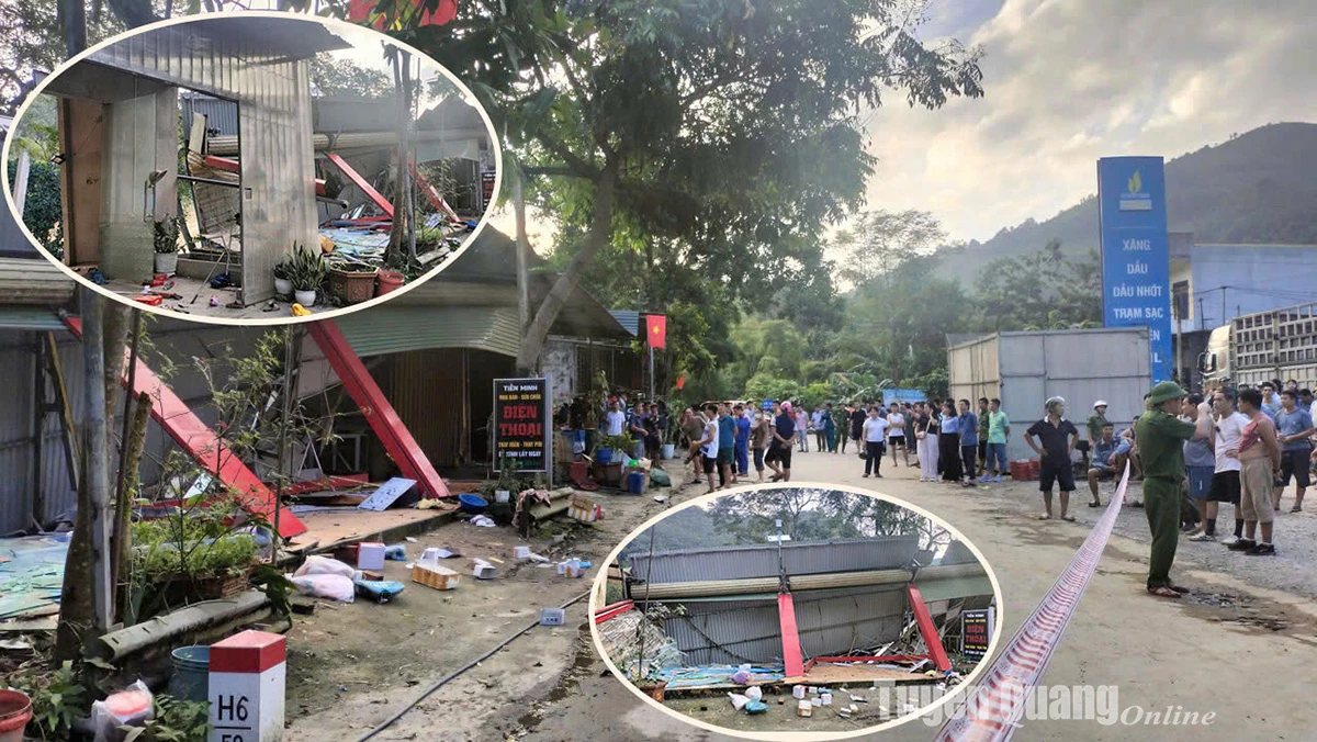 Tại thôn pắc mìa, xã Bắc Mê do mấy ngày lưu lượng nước chảy lớn chiều ngày 2/10 đã gây sạt lở 1 nhà xuống sông Gâm, hiện còn 2 nhà cũng đang có nguy cơ cao. lực lượng chức năng đã căng dây khu vực nguy hiểm. Ảnh: Hoàng Long