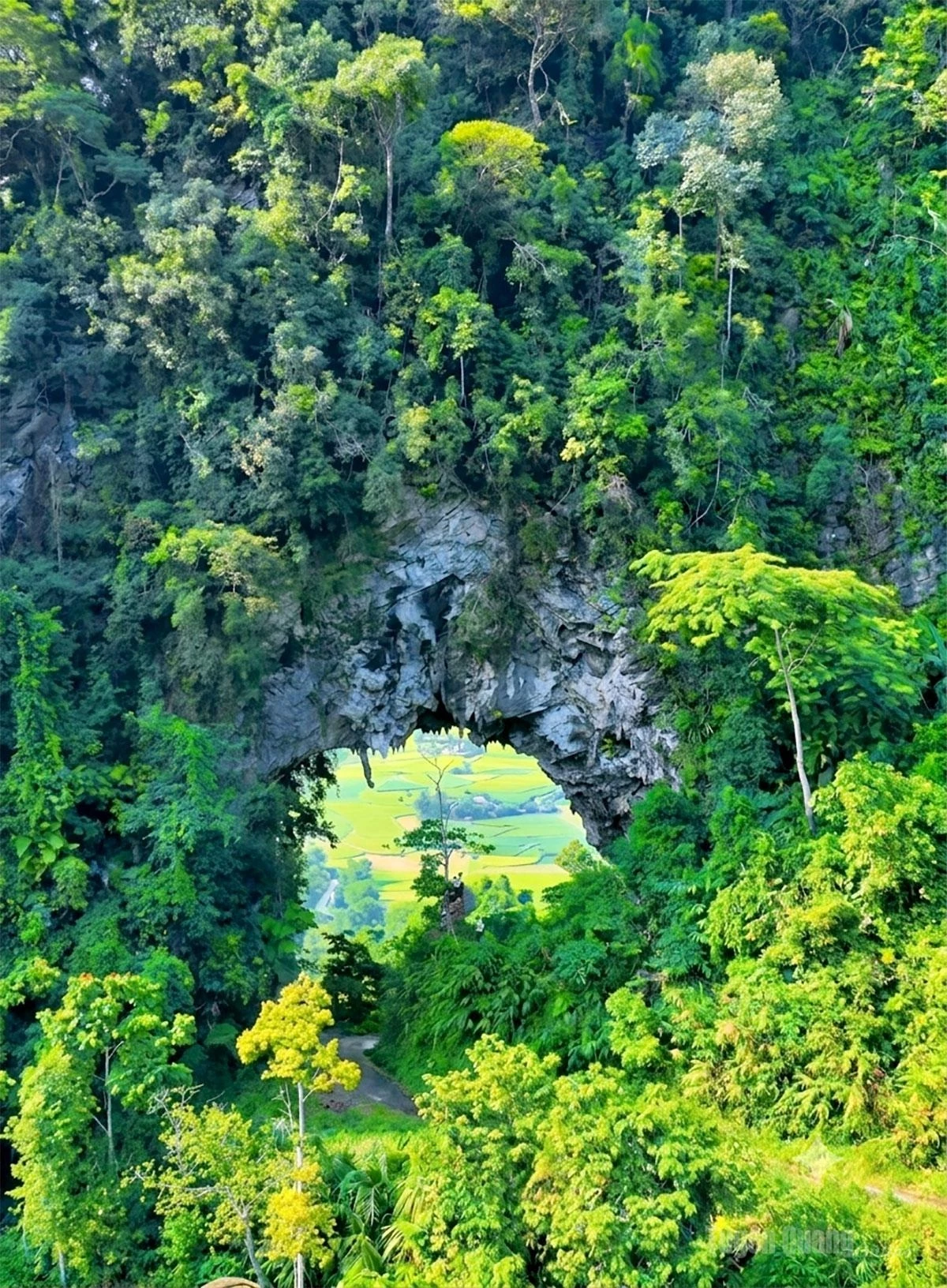 Thung Cave stands out against the surrounding mountainous landscape when viewed from a distance.