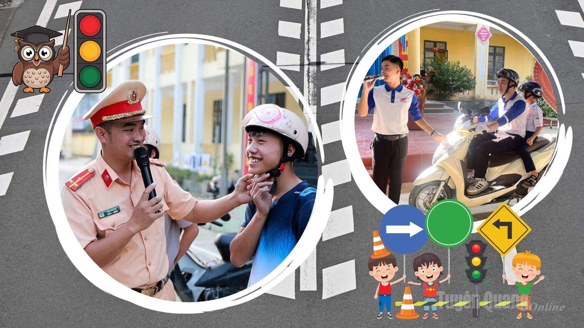 Các chiến sỹ công an và các tình nguyện viên hướng dẫn học sinh tham gia giao thông an toàn.