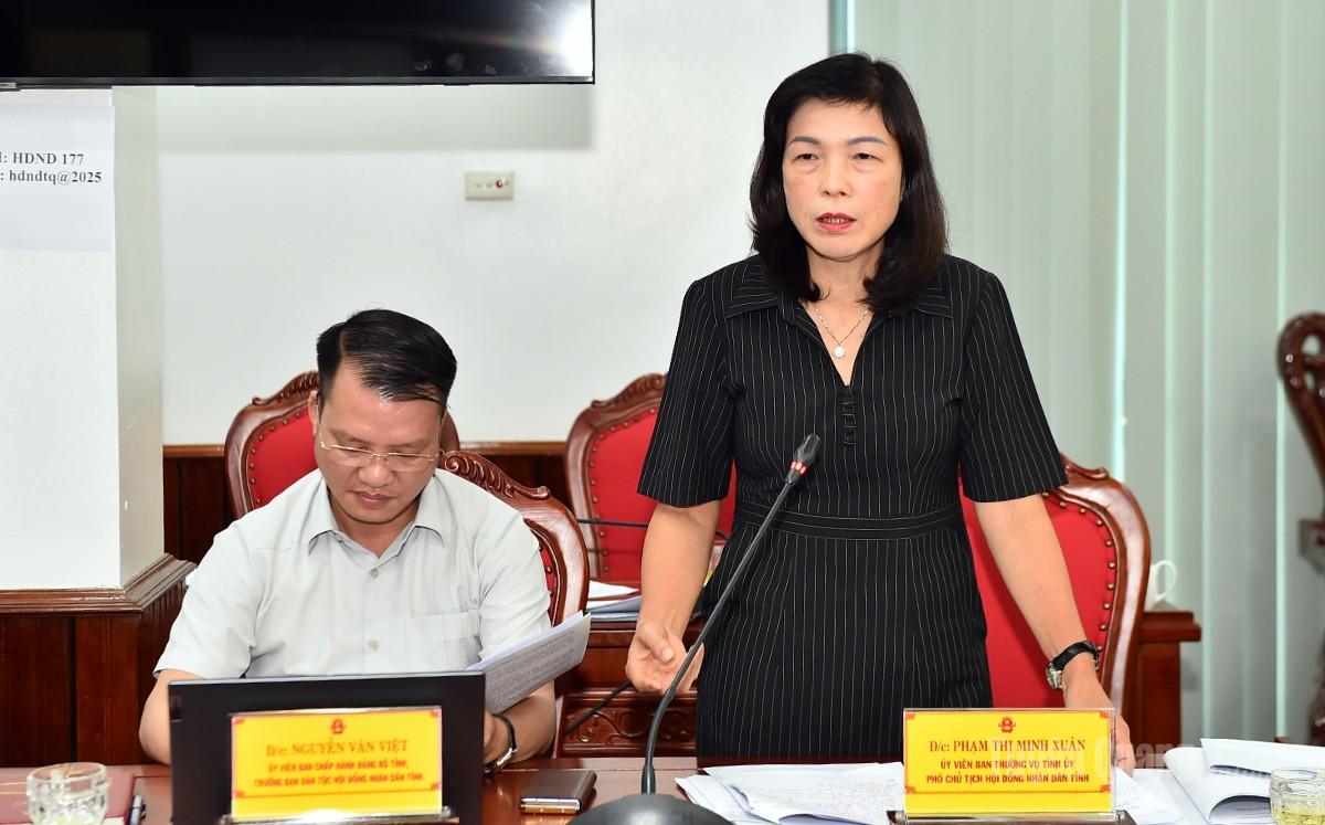 Đồng chí Phạm Thị Minh Xuân, Phó Chủ tịch HĐND tỉnh cho ý kiến vào các dự thảo nghị quyết.