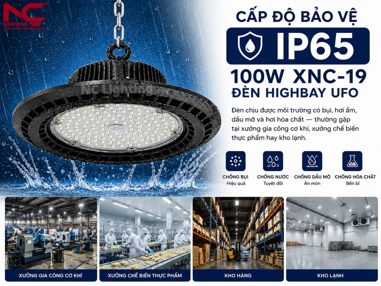 Cap: Đèn led UFO theo tiêu chuẩn IP65 chịu được môi trường bụi, hơi ẩm