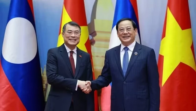 Prime Minister Le Minh Hung (left) meets with President of the Lao National Assembly (NA) Sonexay Siphandone in Vientiane on October 8. (Photo: VNA)