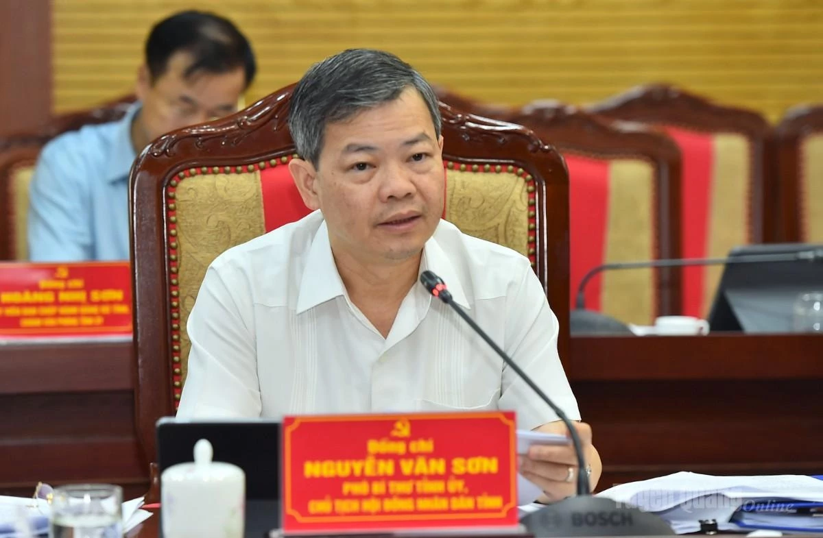 Đồng chí Phó Bí thư Tỉnh ủy, Chủ tịch HĐND tỉnh Nguyễn Văn Sơn phát biểu tại cuộc họp.