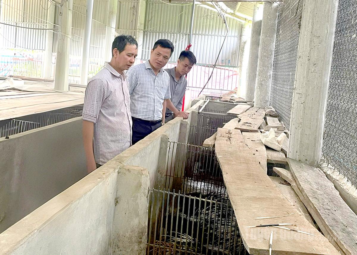 Lãnh đạo UBND xã Đông Thọ thăm trang trại nuôi nhím của ông Trần Văn Khoa.
