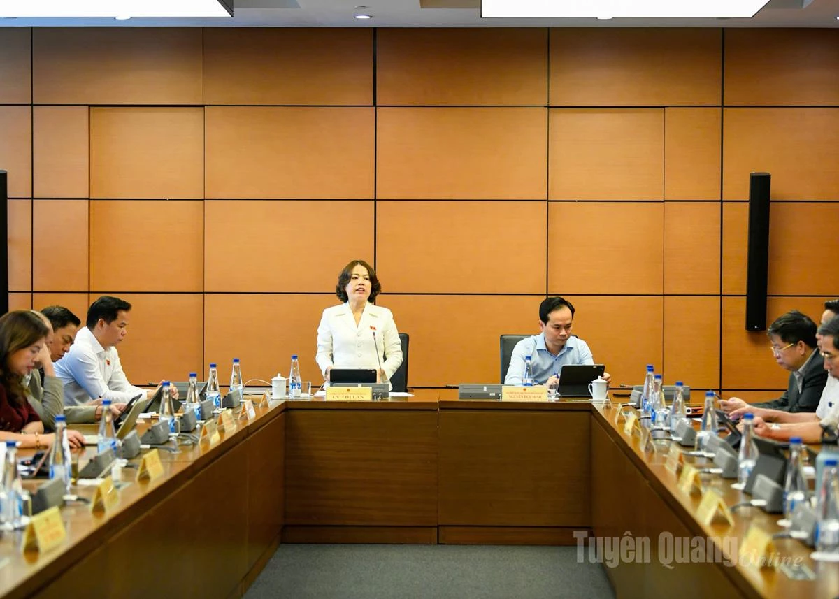 Trưởng Đoàn ĐBQH tỉnh Lý Thị Lan chủ trì thảo luận tổ.