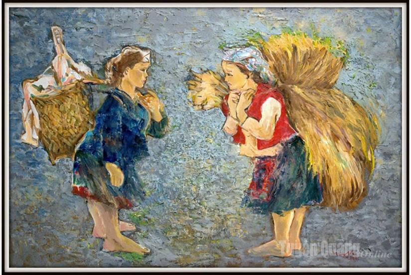 Gặp nhau trên nương là một trong 2 tác phẩm của họa sĩ Đỗ Đức được đấu giá để lấy kinh phí xây nhà cho hộ nghèo ở xã Đồng Văn.