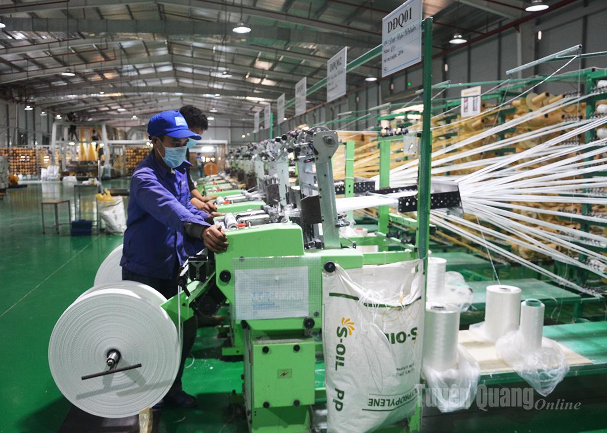 Workers operate weaving machines at DHT Export Packaging Co., Ltd., Phuc Ung Industrial Cluster (Son Duong Commune).
