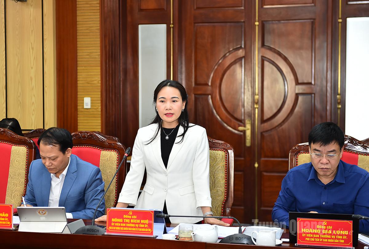 Đồng chí Phó Bí thư Thường trực Đảng ủy UBND tỉnh Nông Thị Bích Huệ phát biểu tại hội nghị.