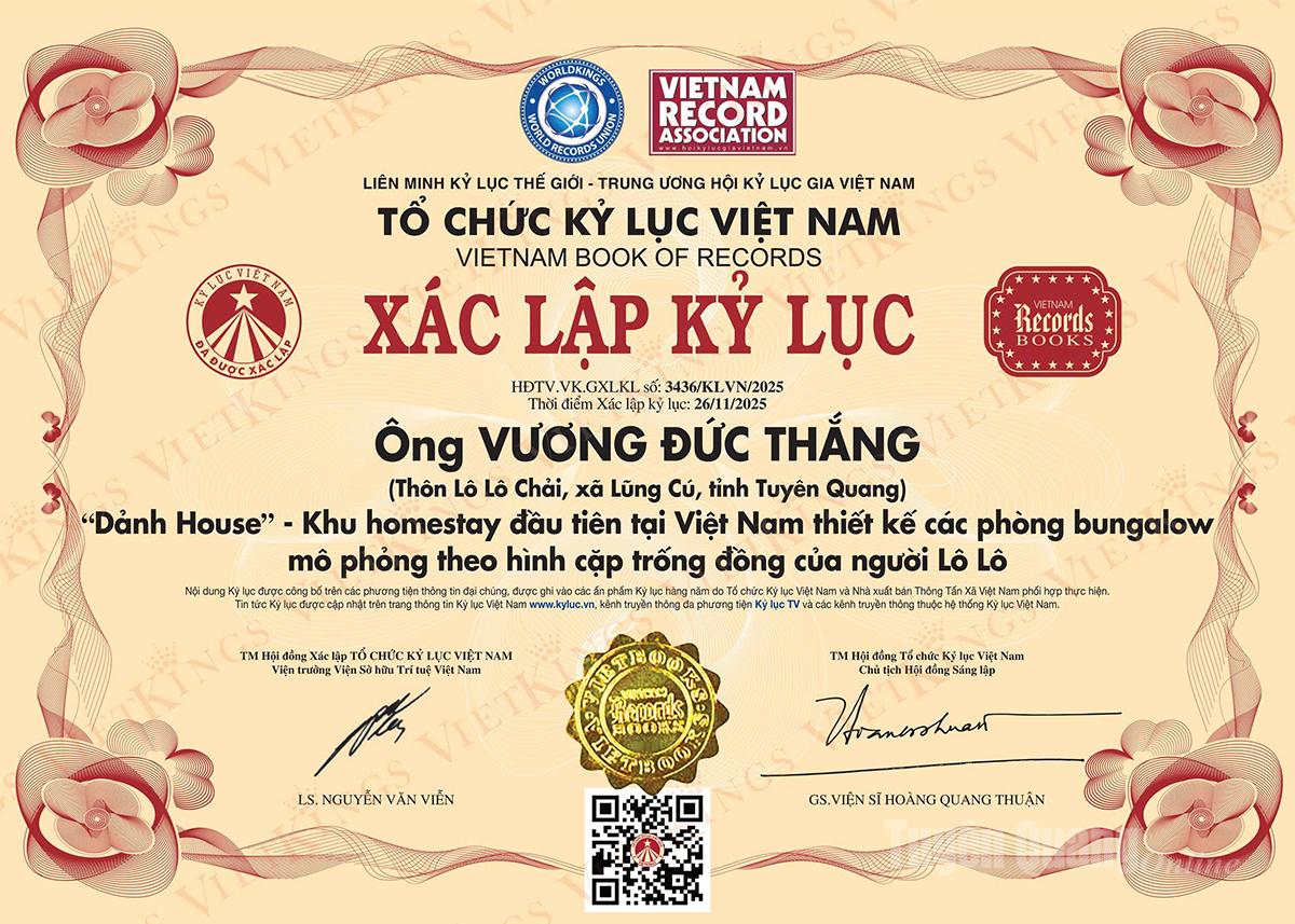 Tổ chức Kỷ lục Việt Nam đã công bố xác lập kỷ lục cho Homestay Dảnh House với khu nghỉ dưỡng được xây dựng theo kiến trúc những chiếc trống đồng đặc trưng của dân tộc Lô Lô.