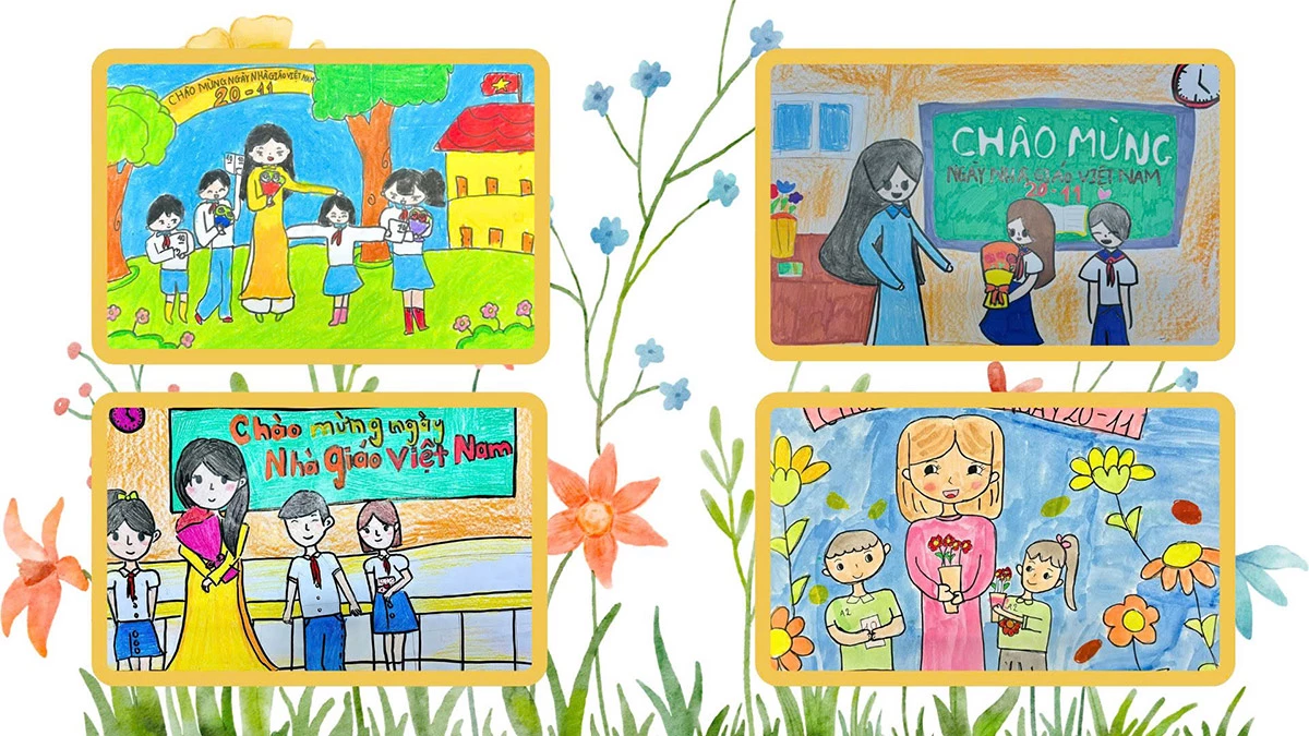 Tranh vẽ của các em học sinh với chủ đề Em yêu thầy cô.