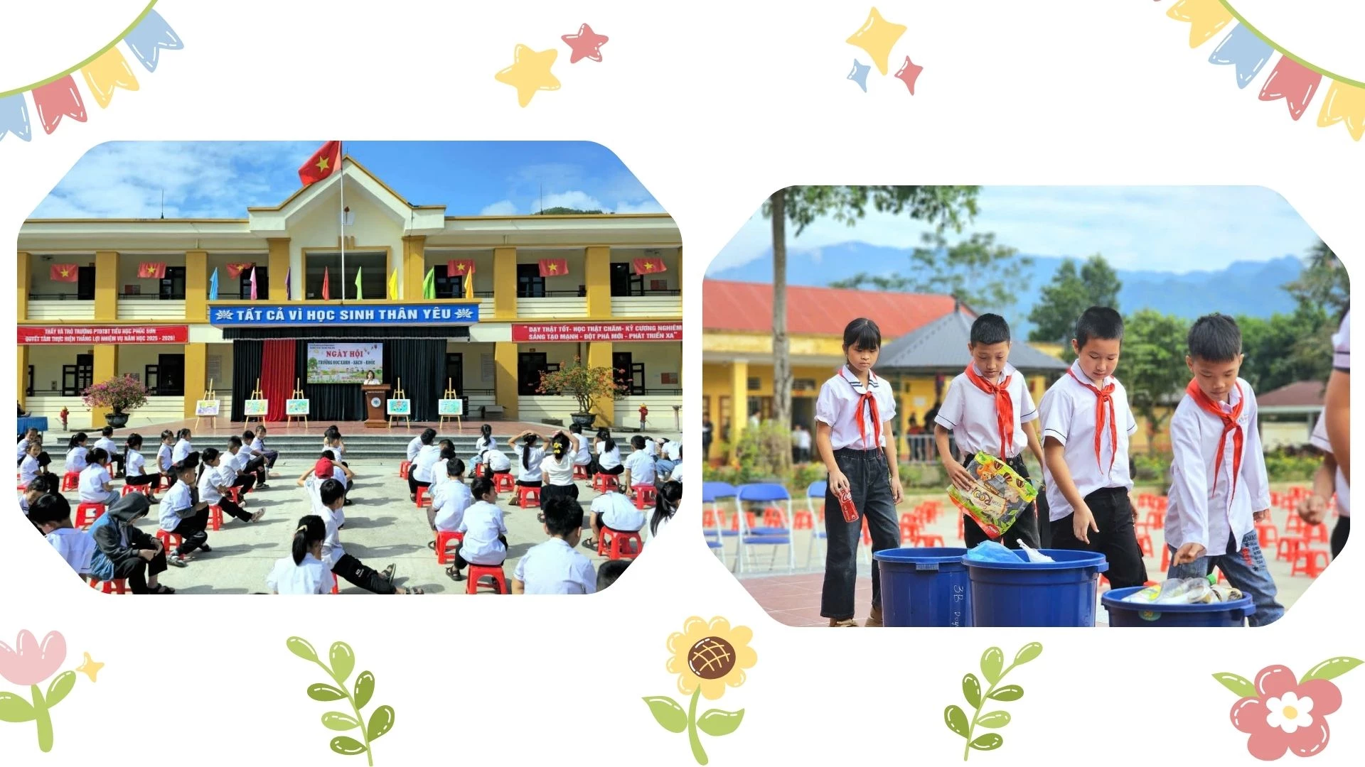 Các em học sinh được học cách giữ gìn vệ sinh chung, thu gom rác đúng nơi quy định.