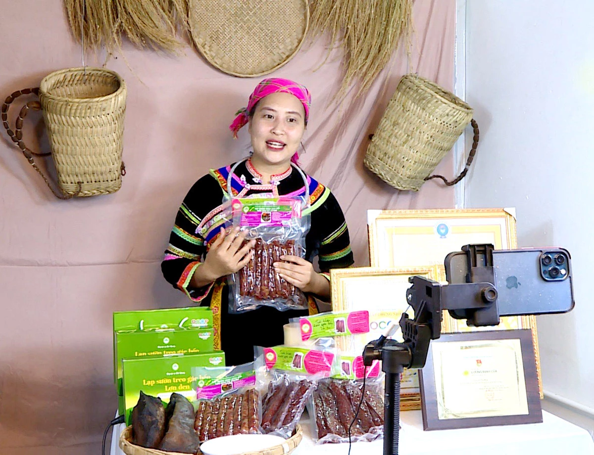 Chị Lưu Thị Hòa, Giám đốc HTX Nông, lâm nghiệp và Dịch vụ thương mại tổng hợp Po Mỷ livestream giới thiệu, quảng bá sản phẩm.