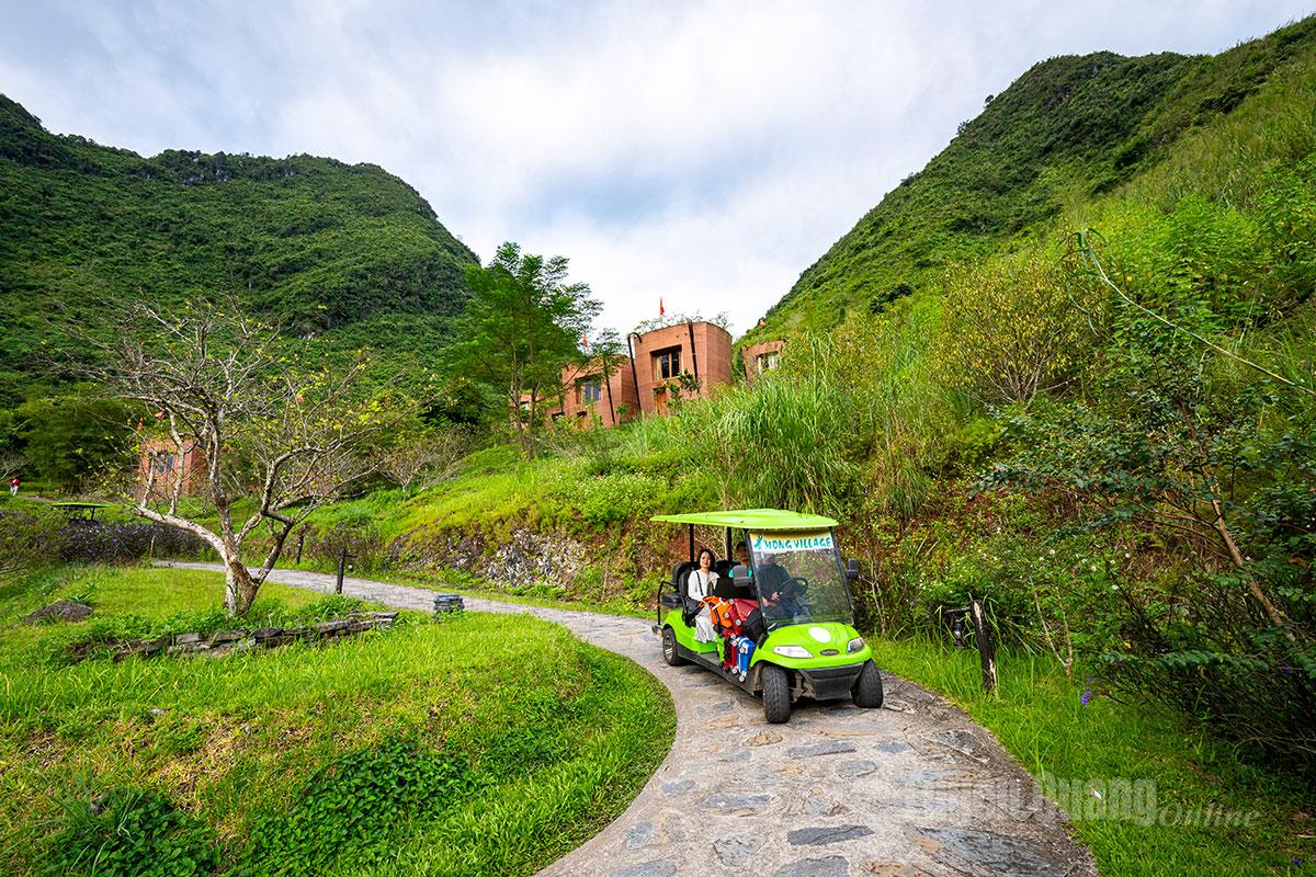 Electric cars transport visitors around different areas of the resort.