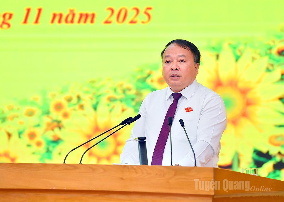 Đồng chí Phan Huy Ngọc, Phó Bí thư Tỉnh ủy, Chủ tịch UBND tỉnh phát biểu tại kỳ họp.