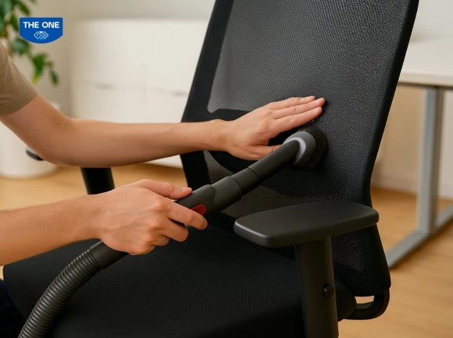Dùng máy hút bụi làm sạch bề mặt ghế