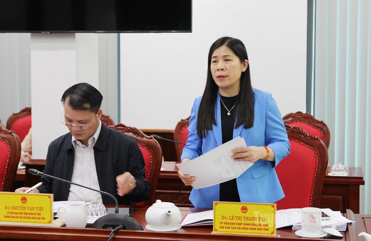 Phó Chủ tịch HĐND tỉnh Lê Thị Thanh Trà phát biểu tại cuộc họp.