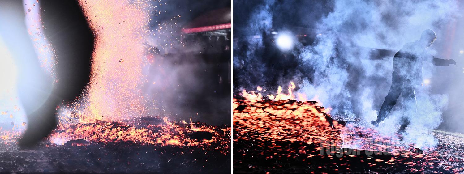 Barefoot steps leap onto the glowing embers without being burned.