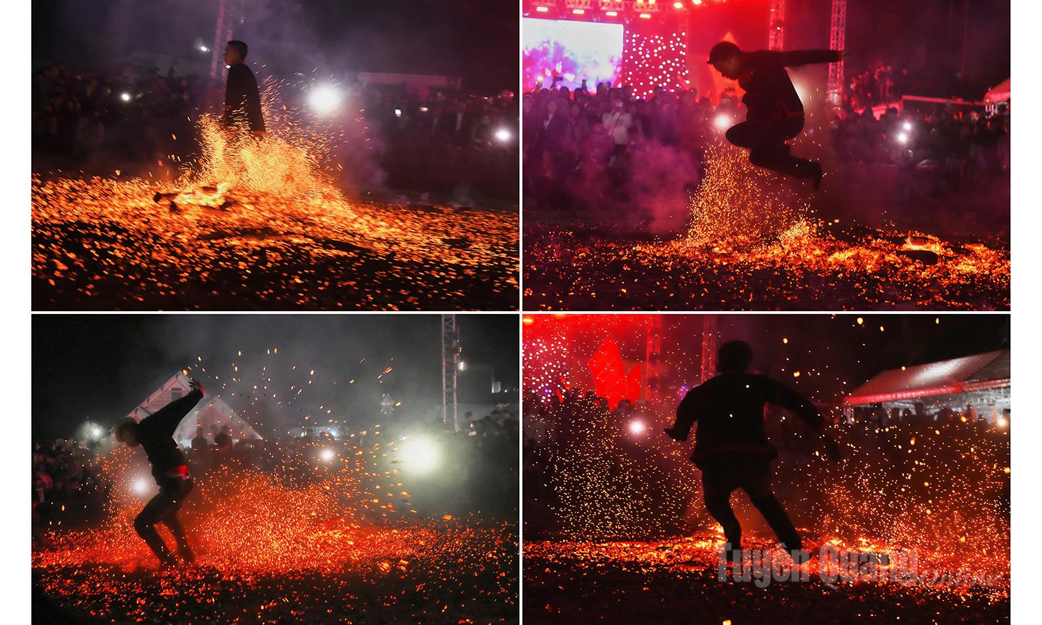 Red-hot embers scatter with each jump, creating a scene that is both fierce and mystical.