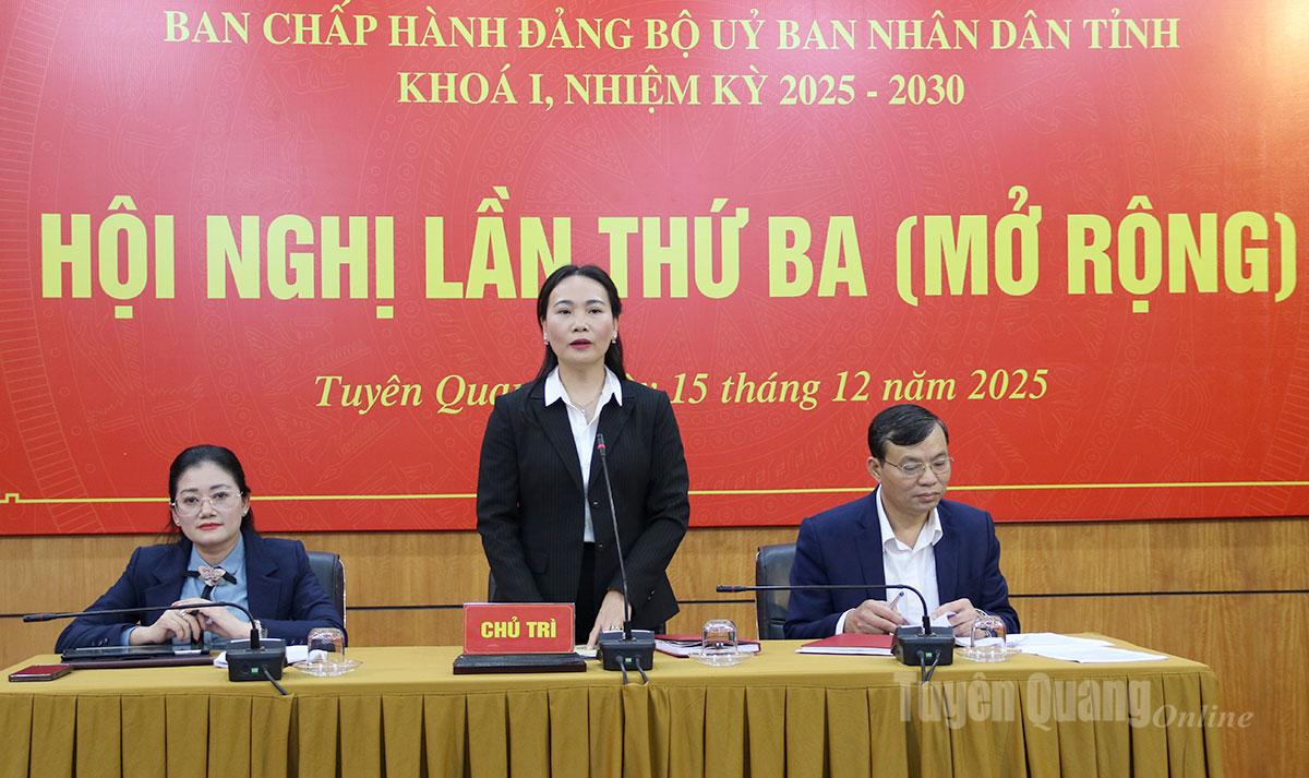  Đồng chí Nông Thị Bích Huệ, Ủy viên Ban Thường vụ Tỉnh ủy, Phó Bí thư Thường trực Đảng ủy UBND tỉnh điều hành phần thảo luận tại Hội nghị.