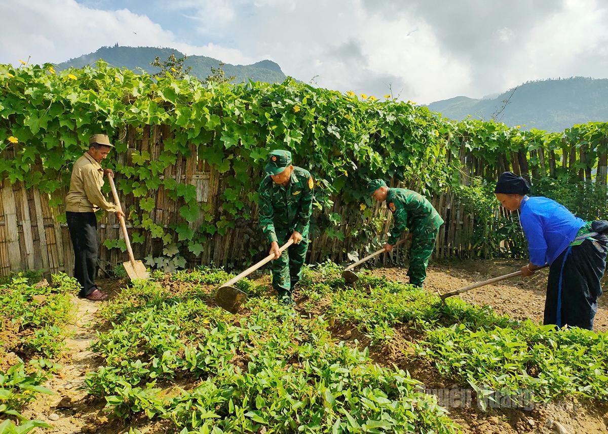 Officers and soldiers of Thang Tin Border Guard Station assist residents of Cao Son Thuong Hamlet in renovating household gardens.