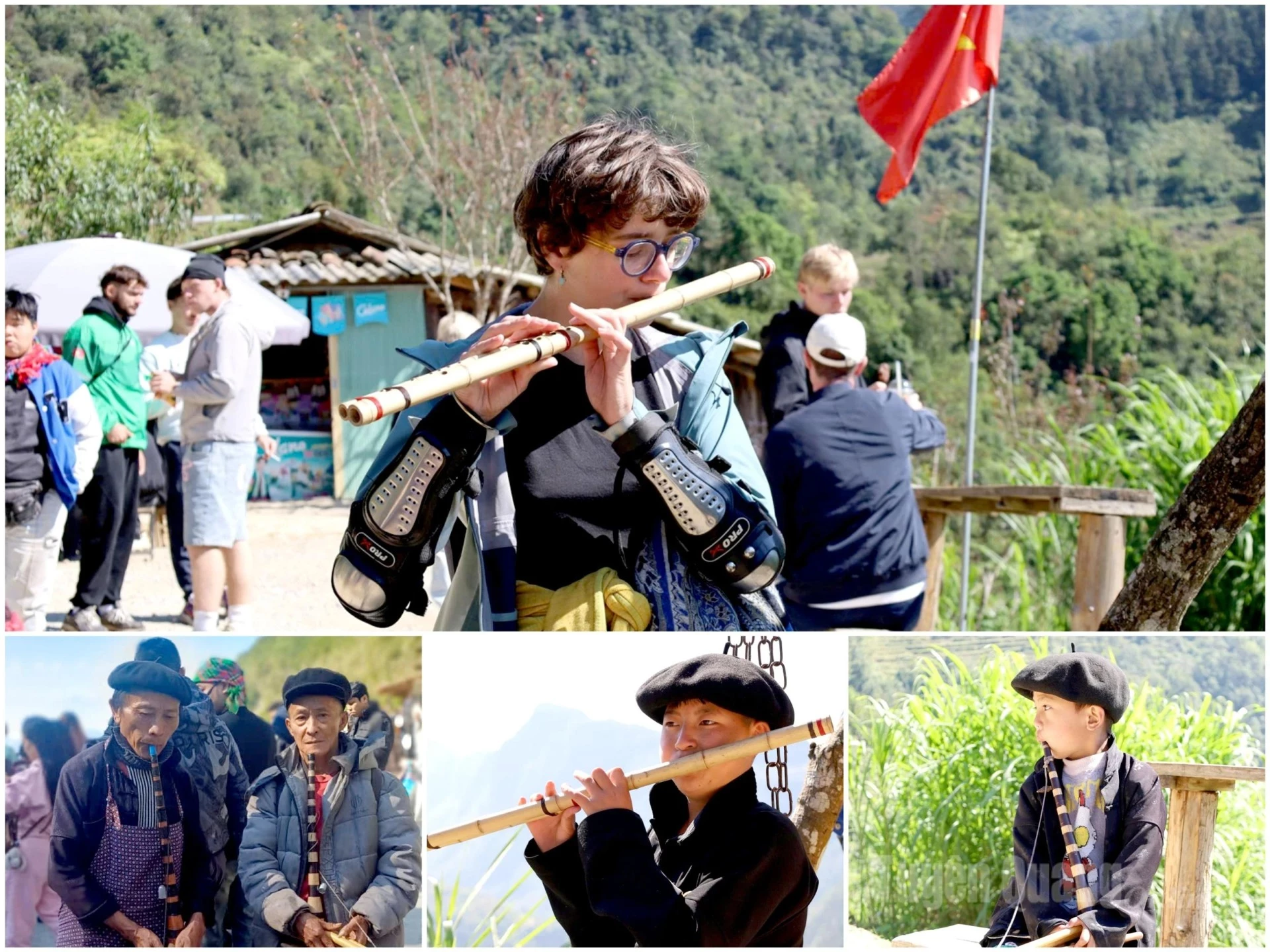 Visitors enjoy playing traditional musical instruments at the stopover site, creating a warm, culturally rich atmosphere amid the mountains of the Karst Plateau.