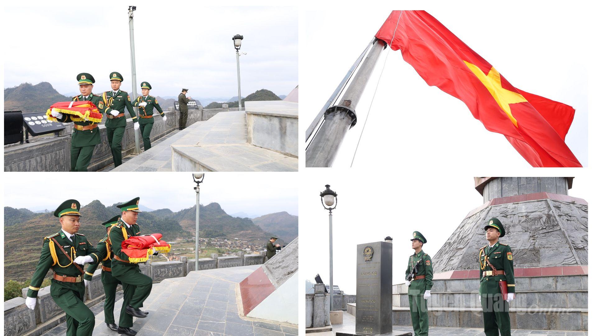 Officers and soldiers of the Lung Cu Border Guard Post conduct the flag-raising ceremony at the Lung Cu National Flag Tower, demonstrating their determination to safeguard the sacred sovereignty of the Fatherland in the final days of the year.