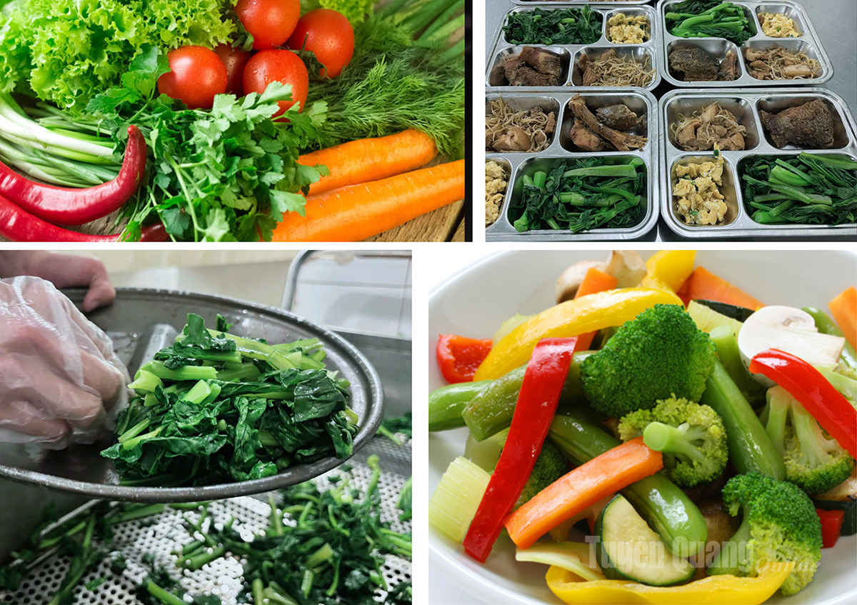 Bữa ăn đủ dinh dưỡng với nguồn thực phẩm tươi sạch do chính đơn vị tăng gia sản xuất.