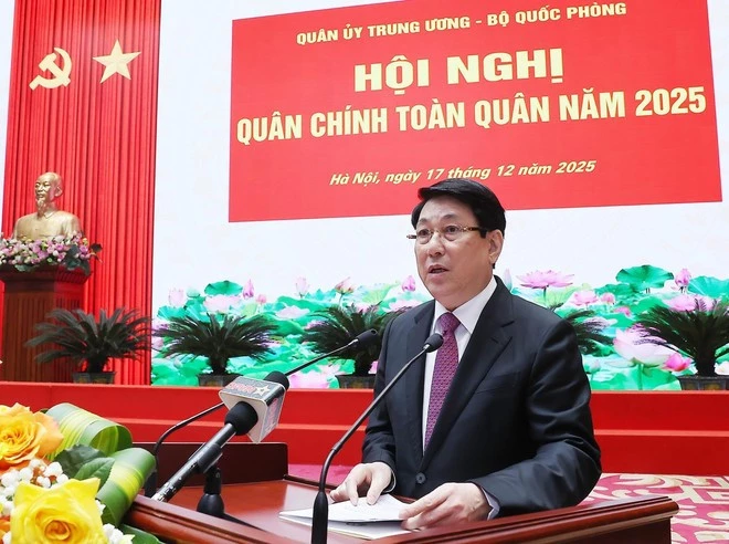State President Luong Cuong speaks at the national political-military conference in Ha Noi on December 17. (Photo: VNA)