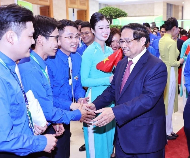 Prime Minister Pham Minh Chinh and delegates attend the first Congress of the Ho Chi Minh Communist Youth Union of the Government. (Photo: VNA)