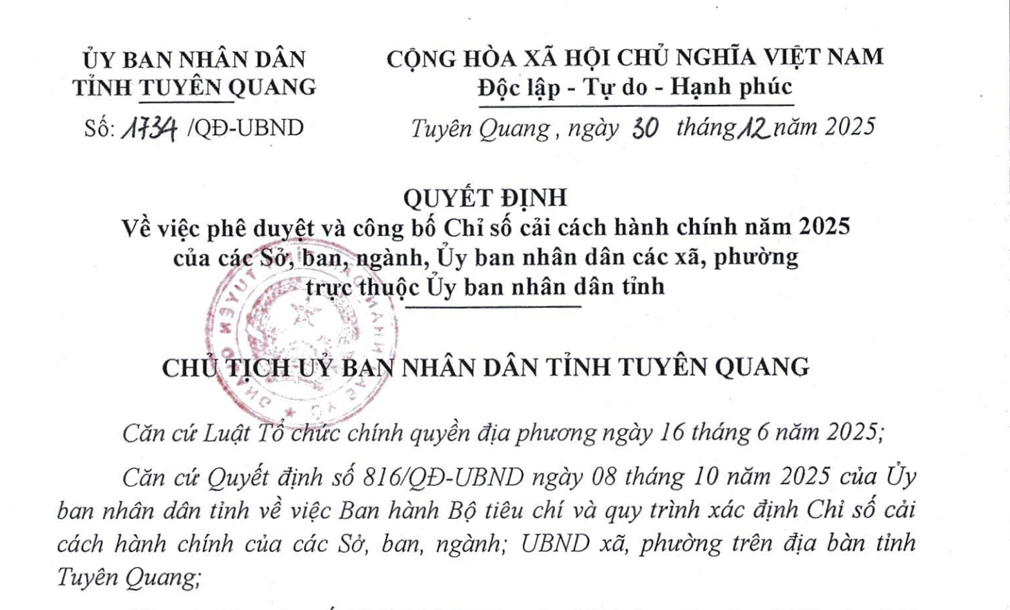 Quyết định về việc phê duyệt và công bố Chỉ số cải cách hành chính năm 2025 của các Sở, ban, ngành, Ủy ban nhân dân các xã, phường trực thuộc Ủy ban nhân dân tỉnh