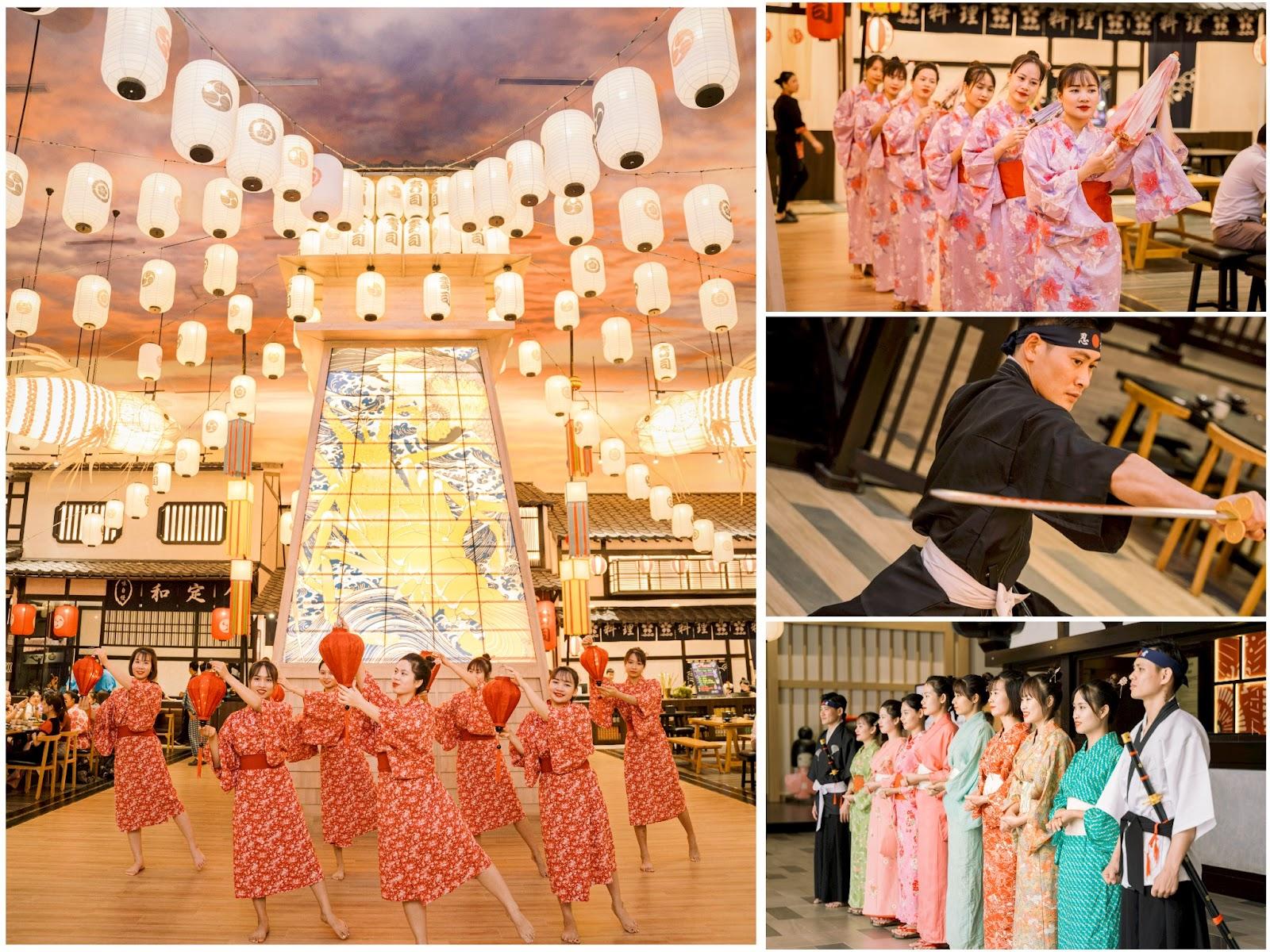 Những hình ảnh quen thuộc như hoa anh đào, cá koi bay, đèn lồng Nhật hay những giai điệu, múa nghệ thuật, biểu diễn kiếm Nhật được tái hiện hoàn hảo tại Event Plaza