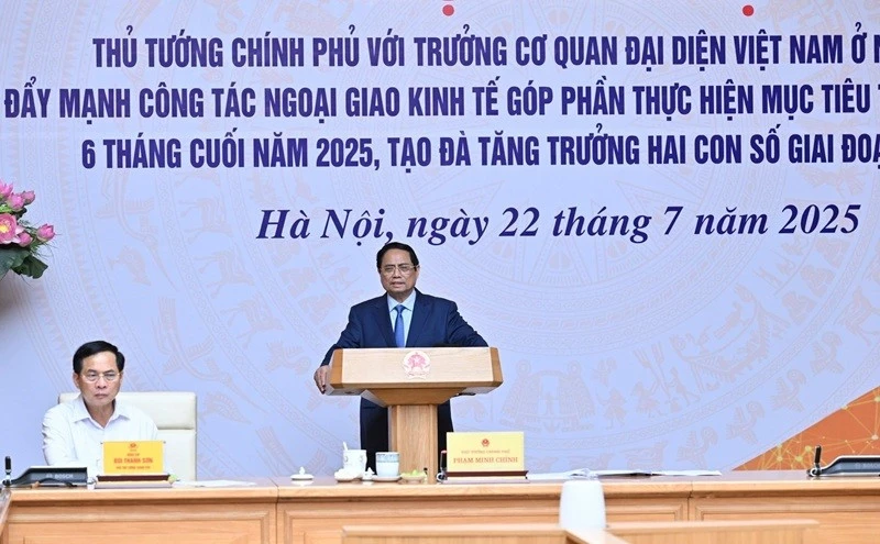 Thủ tướng Chính phủ Phạm Minh Chính chủ trì hội nghị về đẩy mạnh công tác ngoại giao kinh tế. (Ảnh: TRẦN HẢI)