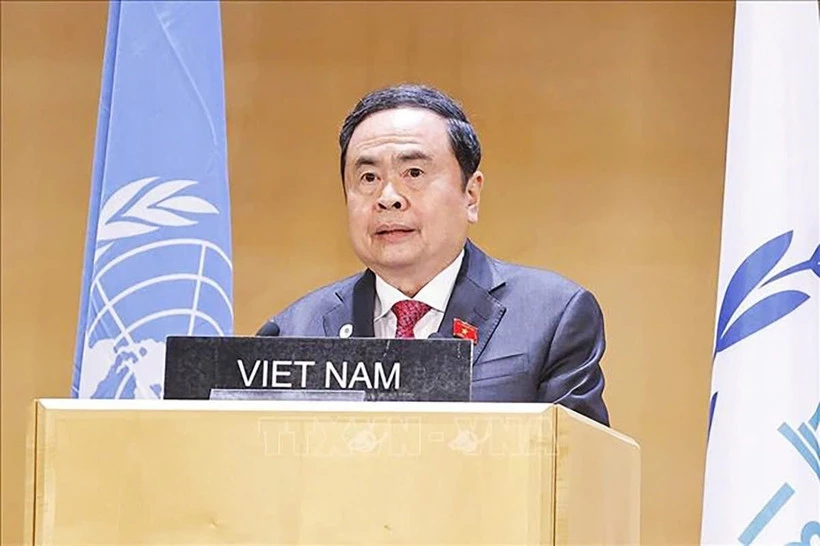 Chủ tịch Quốc hội Trần Thanh Mẫn dự và phát biểu tại Phiên thảo luận chung với chủ đề “Một thế giới đang hỗn loạn: Hợp tác nghị viện và chủ nghĩa đa phương vì hòa bình, công bằng và thịnh vượng cho mọi người dân”. (Ảnh: TTXVN)
