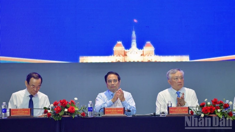 Thủ tướng Phạm Minh Chính nhấn mạnh tầm quan trọng của việc hình thành Trung tâm tài chính quốc tế tại Việt Nam. (Ảnh: Thanh Giang)