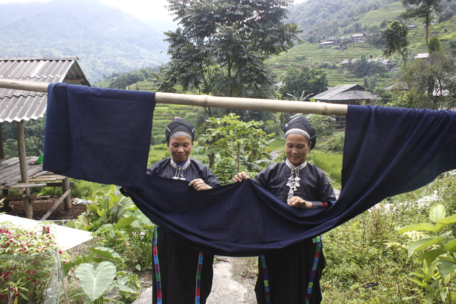 Vải được mang phơi sau khi nhuộm chàm.