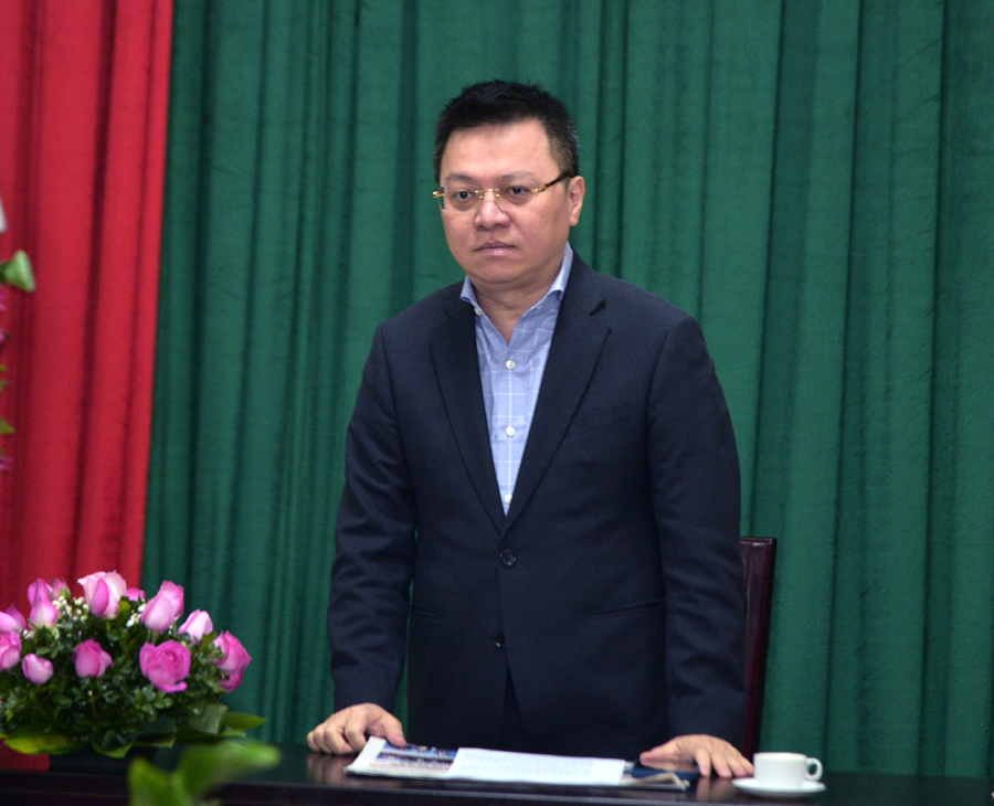 Phó Trưởng ban Tuyên giáo T.Ư, Tổng biên tập Báo Nhân Dân, Chủ tịch Hội Nhà báo Việt Nam Lê Quốc Minh phát biểu tại buổi làm việc với Báo Hà Giang. (Đưa lên cùng ảnh trên)