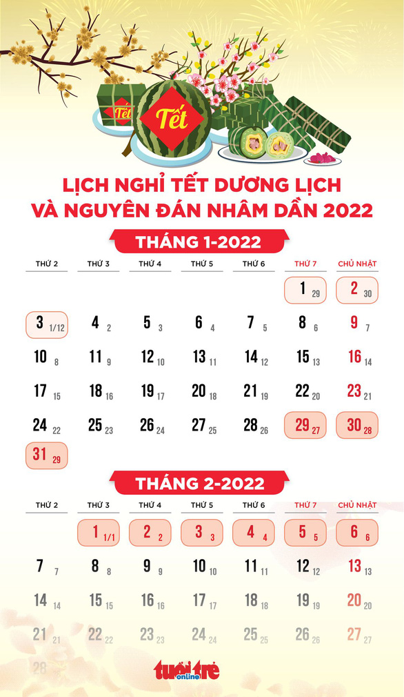 Lịch nghỉ Tết dương lịch và Tết Nguyên đán 2022